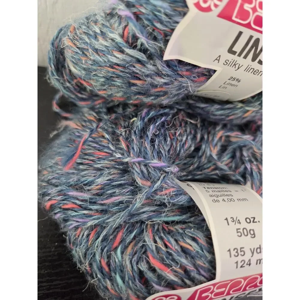 Vtg Berroco Linsey Yarn Lot 2 Silky Linen Tweed 50g 135yds Multicolor Blue Pink